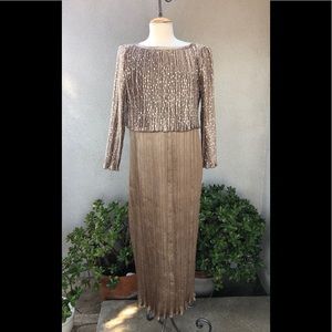 Vtg long dress accordion pleats tan sequins sz S